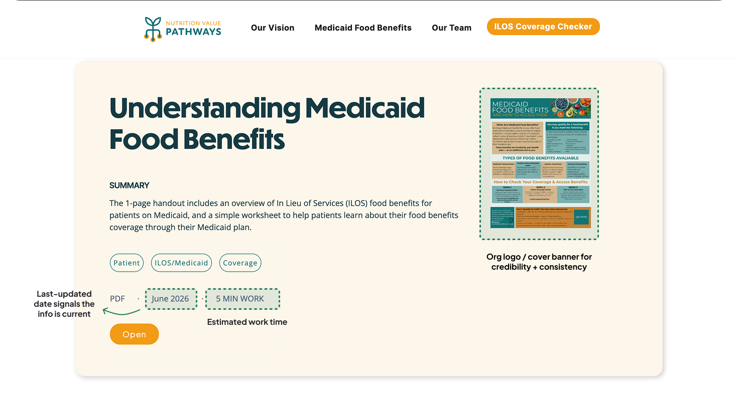 Resource detail page with provider logo, estimated-time indicator, and open-in-new-tab link