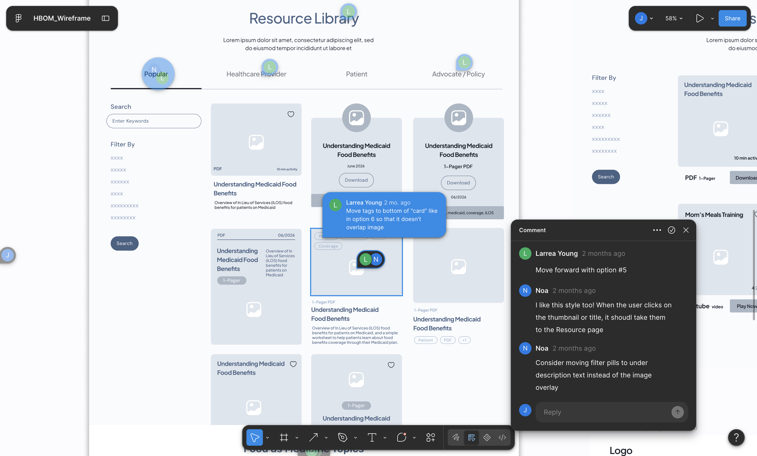 Several resource-card layout options explored and iterated with the team