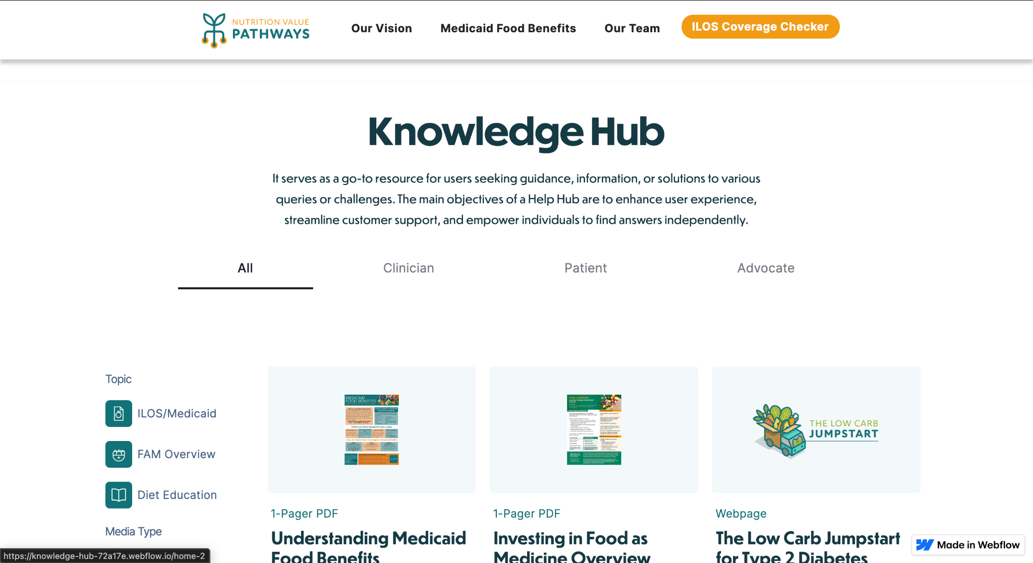 NVP Knowledge Hub search and filter view