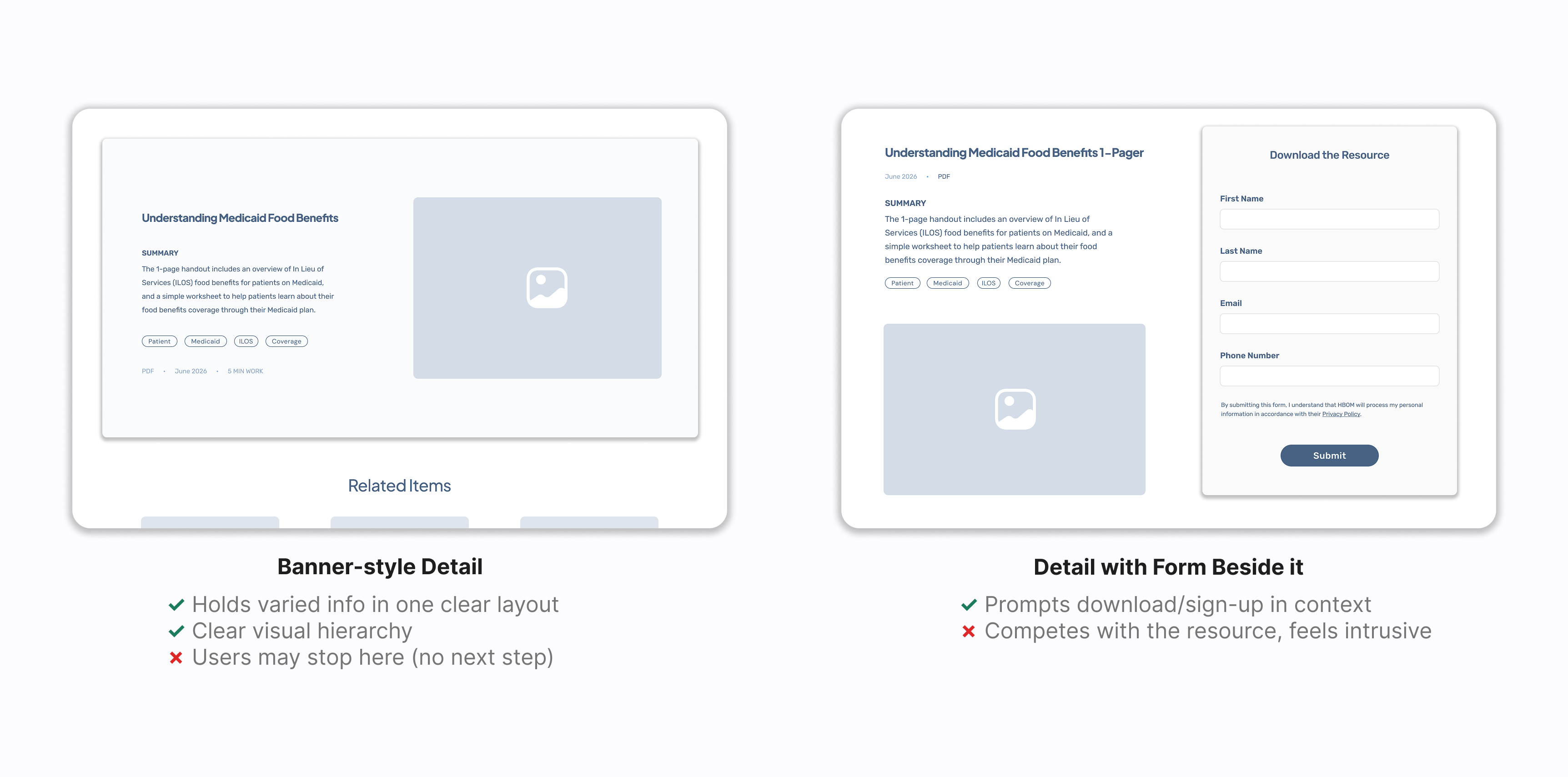 Resource detail page layout options compared, with tradeoffs